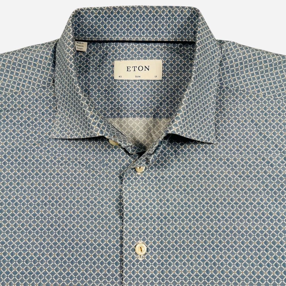 Eton Button Down Shirt Mens 17 Blue Geometric Diamond Poplin Slim Fit 866276